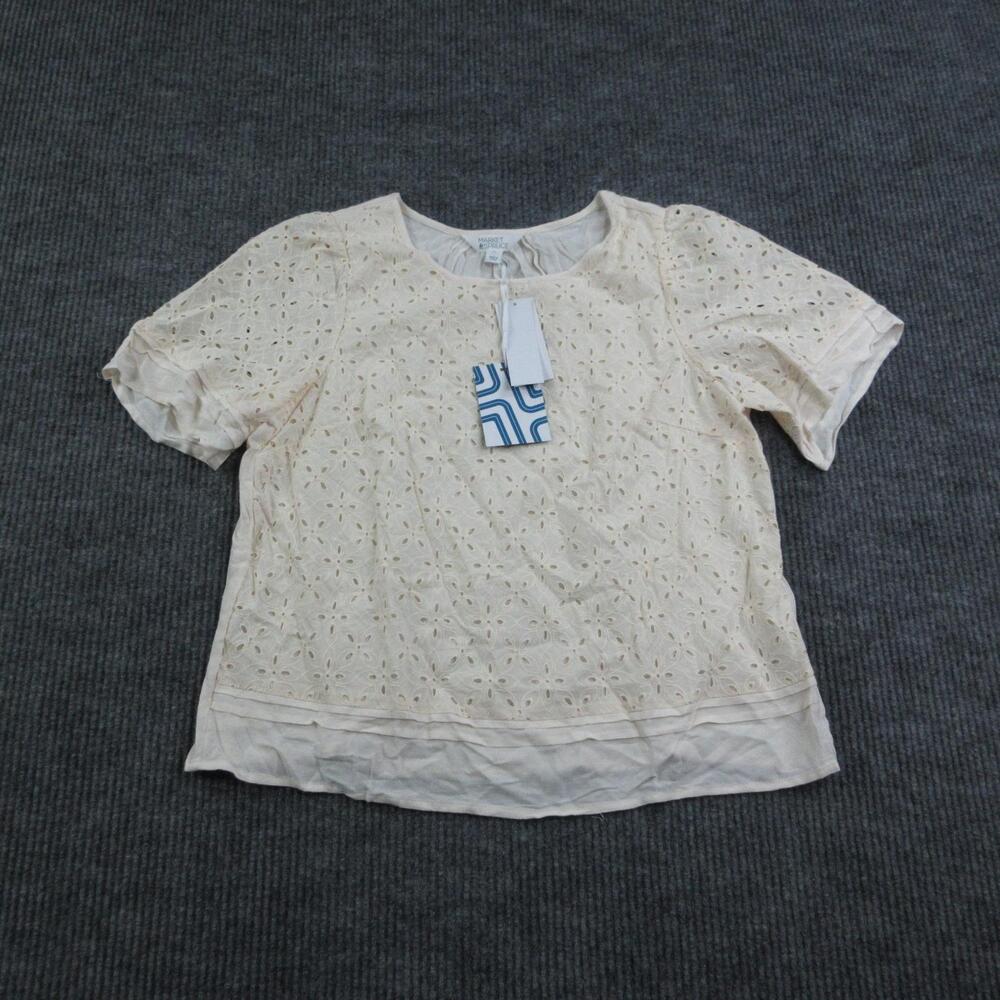 Market & Spruce Blouse Womens L Cream Eyelet Embroidered Puff Sleeve Lined NWT